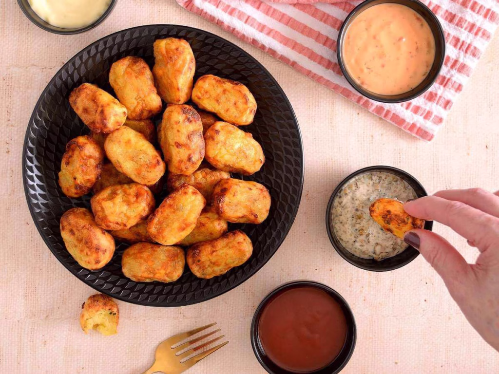 Dipping a piece of tater tot and a bowl of tater tots served with 3 sauces.
