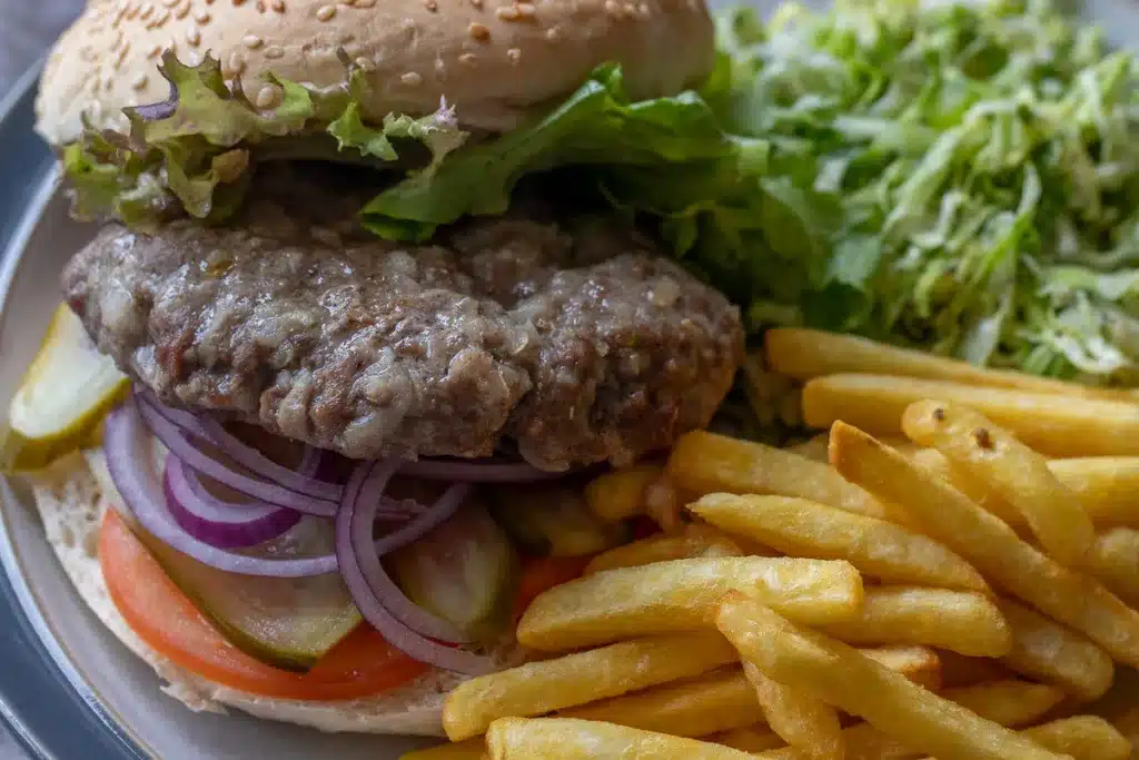air fryer hamburgers served with cabbage salad and fries