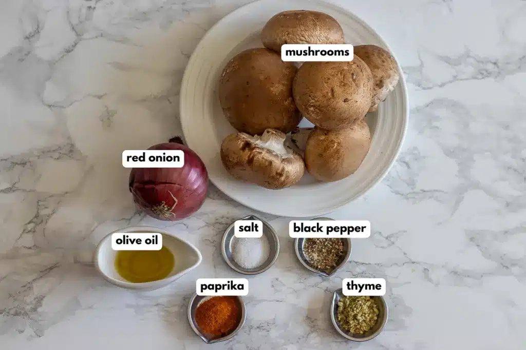 labelled picture of ingredients for air fryer mushrooms and red onions
