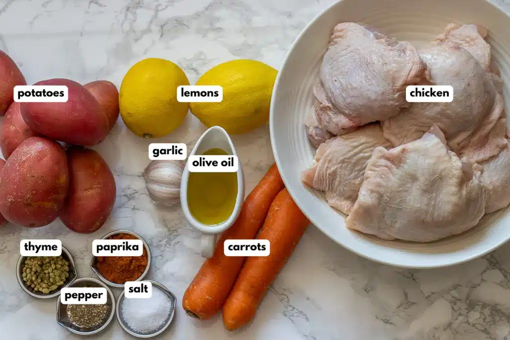 labelled picture of ingredients for Greek chicken and potatoes recipe