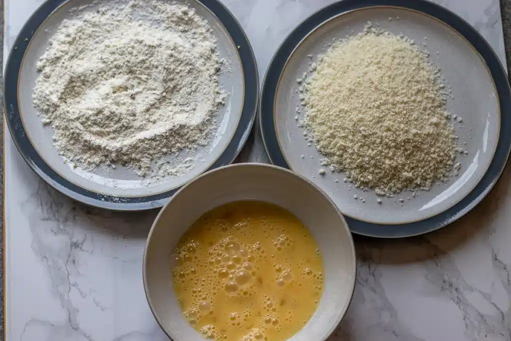 work station for breading the mozzarella sticks